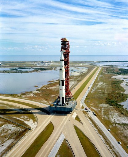 High angle view of Apollo 14 space vehicle on way to Pad A