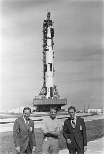 Apollo 14 space vehicle arrives at Pad A at KSC during roll out from VAB