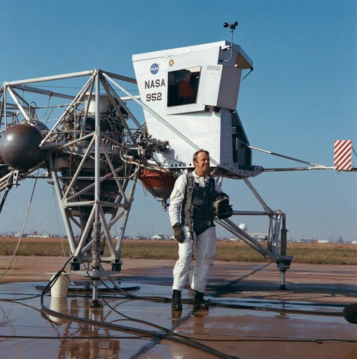 Astronaut Alan Shepard near Lunar Landing Training Vehicle prior to test