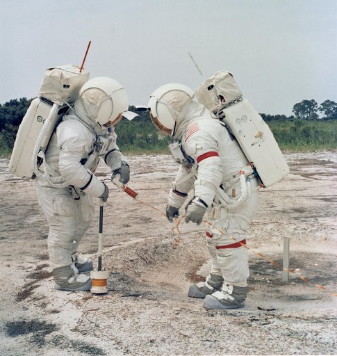 Astronauts Shepard and Mitchell practice using Active Seismic Experiment