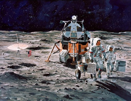 Artist's concept of Apollo 14 crewmen on their firs traverse of lunar surface