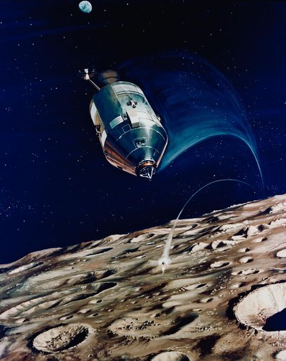 Artist's concept of Apollo 14 Command/Service Modules circling Moon