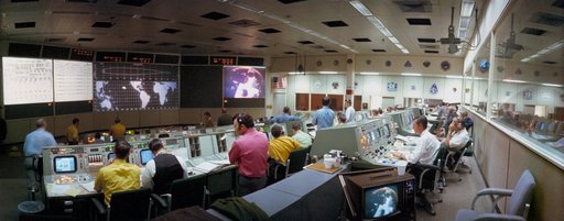 Wide angle view of Mission Control Center during Apollo 14 transmission
