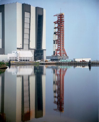 View of Apollo 15 space vehicle leaving VAB to Pad A, Launch Complex 39