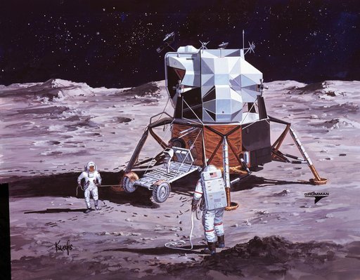 Artists concept of Apollo 15 crewmen performing deployment of LRV