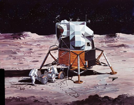 Artists concept of Apollo 15 crewmen performing deployment of LRV