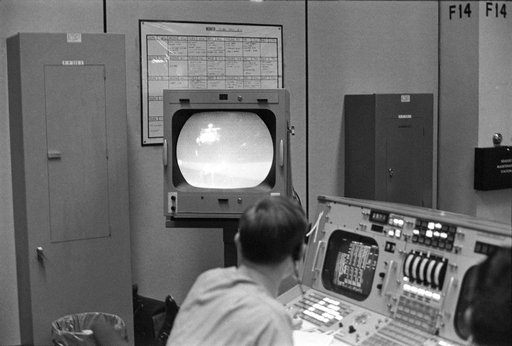 Apollo 15 Lunar Module (LM) View - Liftoff - Moon - TV Monitor - Mission Control Center (MCC) - MSC