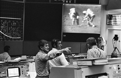 View of activity in Mission Control Center during Apollo 15 EVA