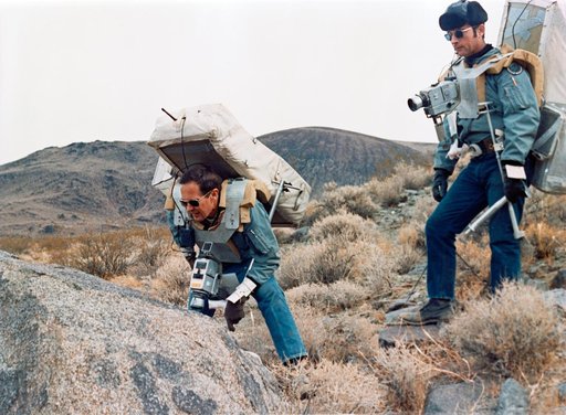 ASTRONAUTS YOUNG AND DUKE - ROCK FORMATIONS - SIMULATED LUNAR TRAVERSE - CA