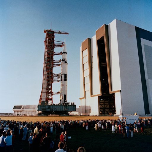 View of Apollo 16 space vehicle on way from VAB to Pad A, Launch Complex 39