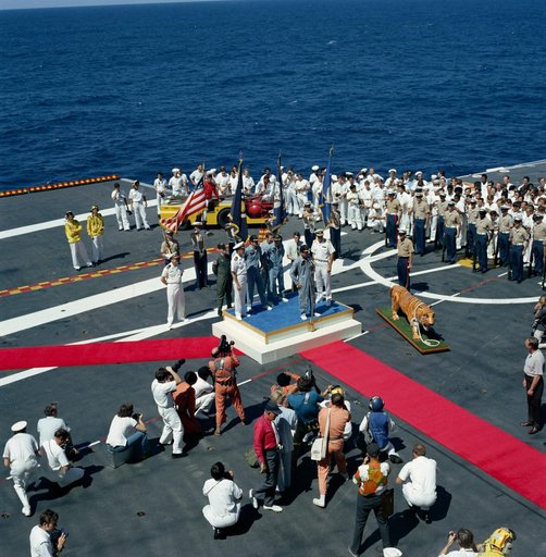 View of ceremonies welcoming Apollo 16 crew aboard U.S.S. Ticonderoga