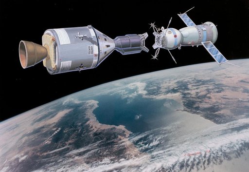 Artist's concept of Apollo/Soyuz spacecraft docking approach
