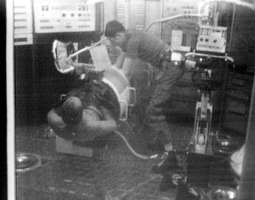 Astronaut Charles Conrad as test subject for Lower Body Negative Pressure