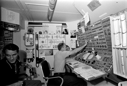 Skylab 3 crew during training in Orbital Workshop trainer