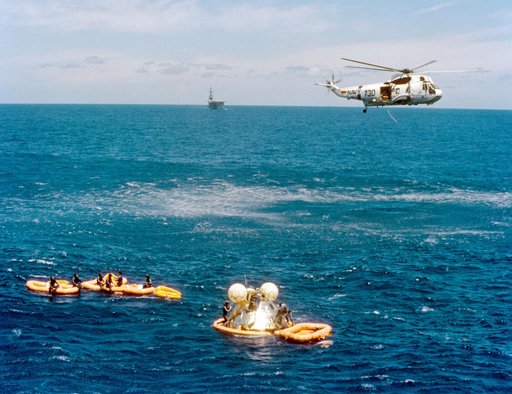 ASTP Apollo Command Module awaits pickup by prime recovery ship