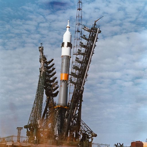 View of launch pad at the Baykonur Cosmodrome showing Soyuz spacecraft
