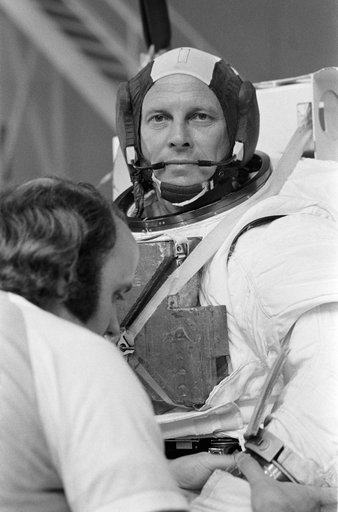 View of astronaut Jack Lousma in the Shuttle spacesuits (EMU) at bldg 29