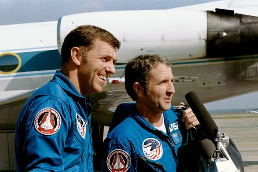 STS-2 crewmen Engle and Truly at Ellington upon arrival from KSC after scrub