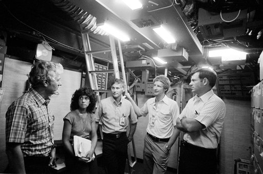 STS 41-D mission crew training in Shuttle Mission simulator