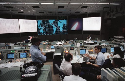 Views of Mission Control Center during launch of STS-8