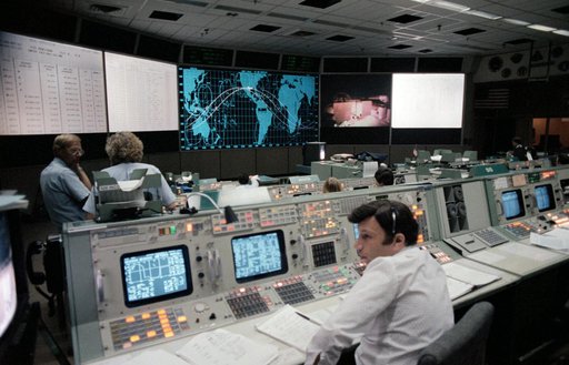 Views of Mission Control Center during launch of STS-8