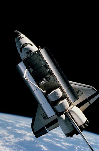 View of the Challenger from the fixed camera in McCandless's helmet