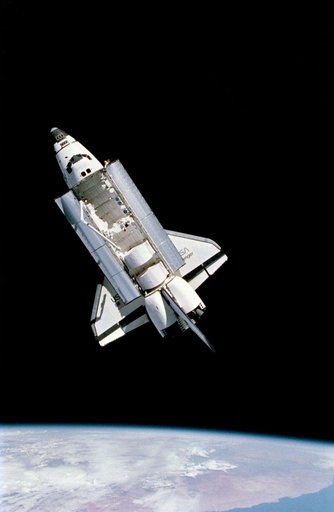 View of the Challenger from the fixed camera on the Manned Maneuvering Unit (MMU)