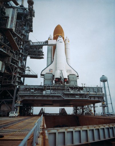 Shuttle Discovery on pad for STS 51-D mission