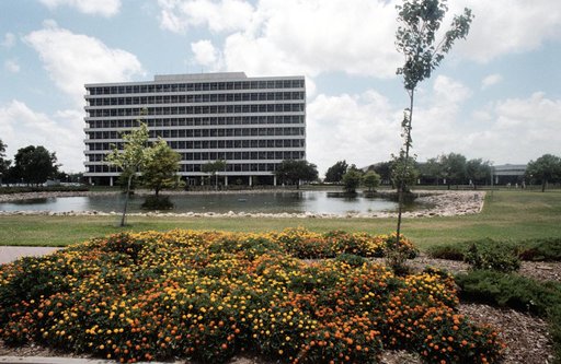 View of Building 1 from across the fish pond