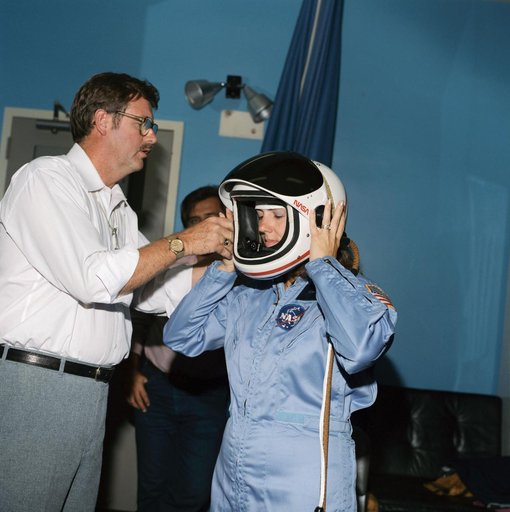 Payload Specialist (PS) Christa McAuliffe - Briefing - Launch/Entry Helmets - JSC