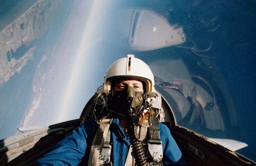 Christa McAuliffe during her training ride in the T-38 jet trainer