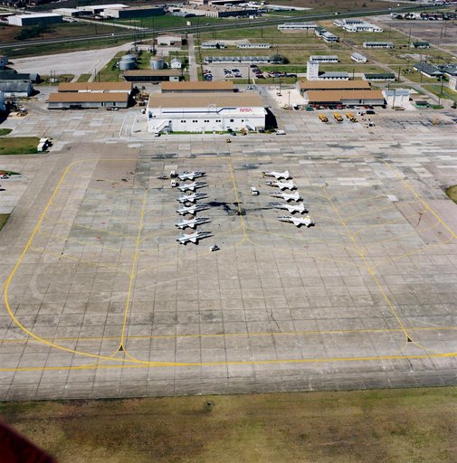 Aerial view of NASA hangar at Ellington Field