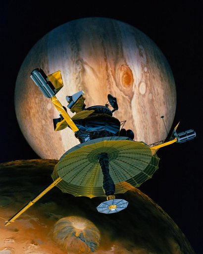 Artist concept of Galileo encountering Io during its Jupiter approach