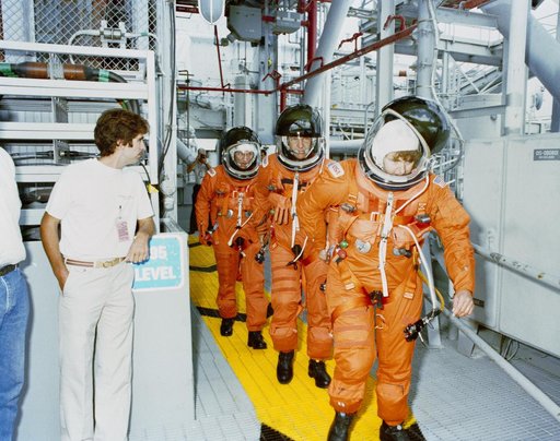 STS-34 crewmembers on 195 ft level of KSC LC Pad 39B during TCDT