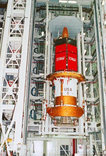 STS-43 TDRS-E during preflight processing at KSC's VPF