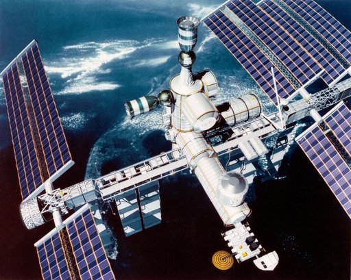 Space Station Freedom option A with two Soyuz ACRV capsules docked at ports