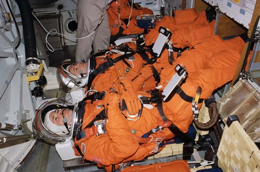 Cosmonauts Solovyev and Budarin check out hardware to be flown on STS-71