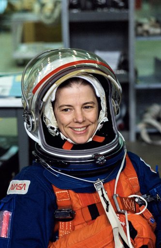 Astronaut Bonnie Dunbar watches crewmates during training