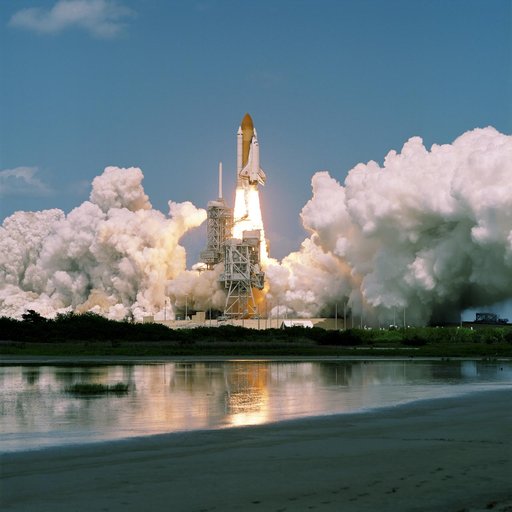 View of the launch of the Space Shuttle Endeavour at KSC to start the STS-100 mission