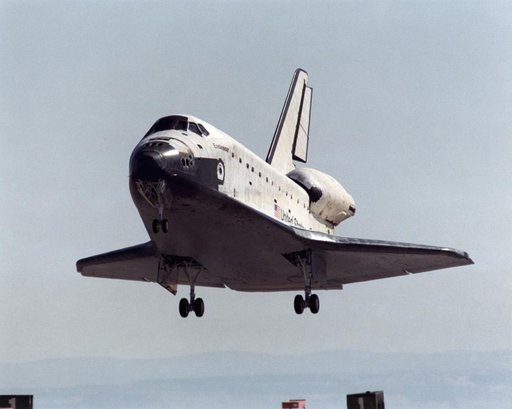 Front view of Endeavour prior to touching down at Edwards AFB during STS-100's landing