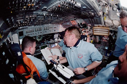STS-102 flight deck activity during rendezvous ops with the ISS