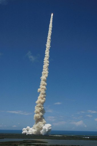 View of the orbiter Discovery during ascent after the launch of STS-121