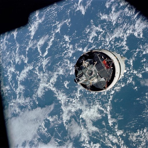 Apollo 9 Mission image - Top view of the Lunar Module (LM) spacecraft from the Command Module (CM)