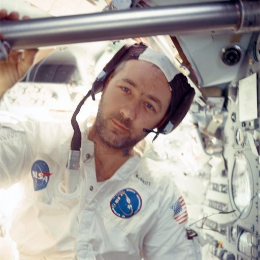 Astronaut James McDivitt photographed inside Command Module during Apollo 9