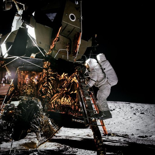 Apollo 12 Mission image - Dark view of Astronaut Alan L. Bean climbing down the ladder of the Lunar Module (LM)
