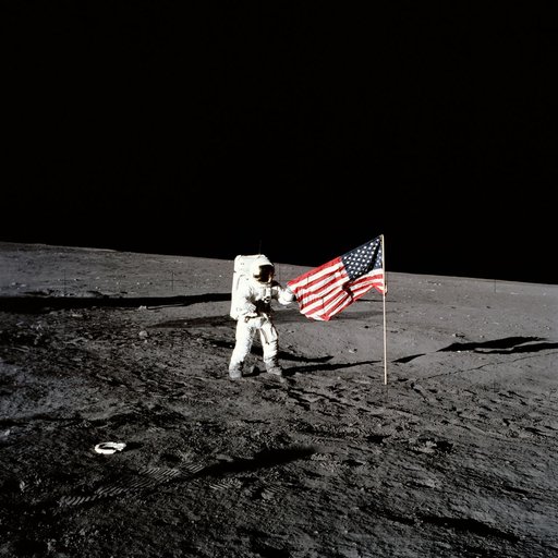 Apollo 12 astronaut stands beside United States flag after is was unfurled