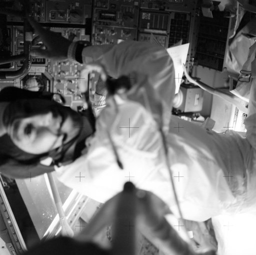 Astronaut James Lovell at his position in the Lunar Module