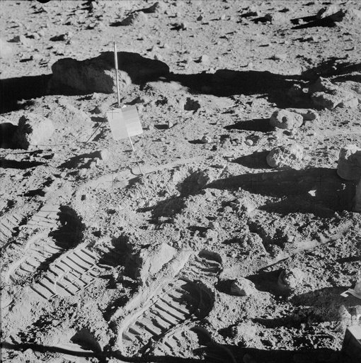 Close-up view of lunar soil and boot prints made by Apollo 14 crew