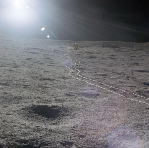 Apollo 14 Lunar Module photographed against sun glare on lunar surface