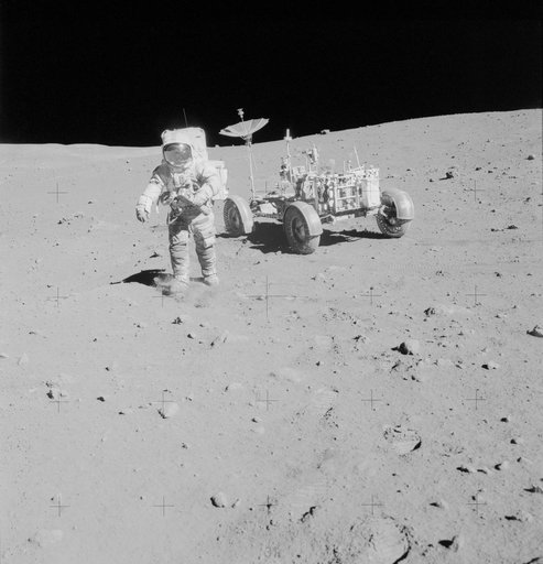 Astronaut David Scott on slope of Hadley Delta during Apollo 15 EVA